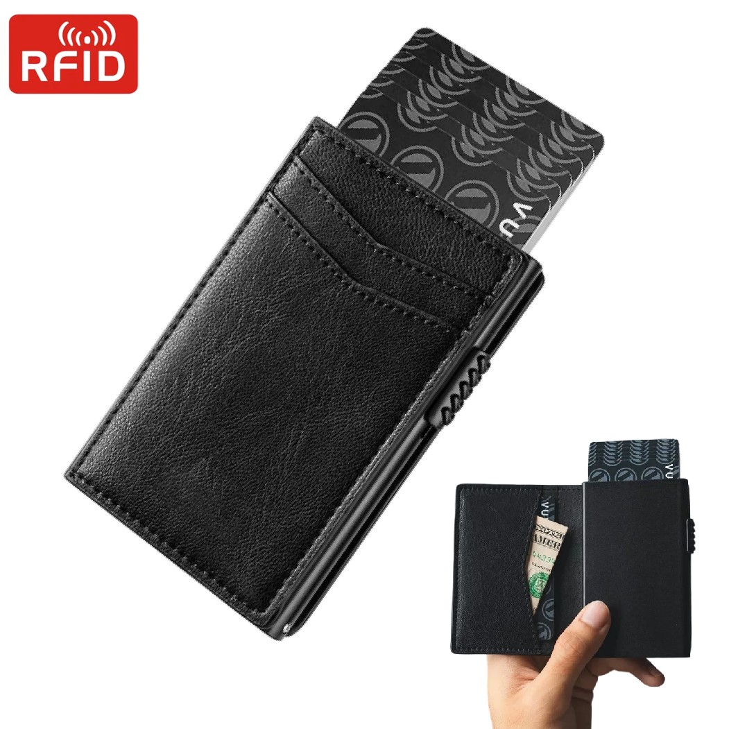 Card Top Loader - กระเป๋าสตางค์ผู้ชายแบบมินิมอล หรูหรา ใส่บัตรเครดิต พร้อมช่องใส่เหรียญ แบบป๊อปอัพ ป้องกัน